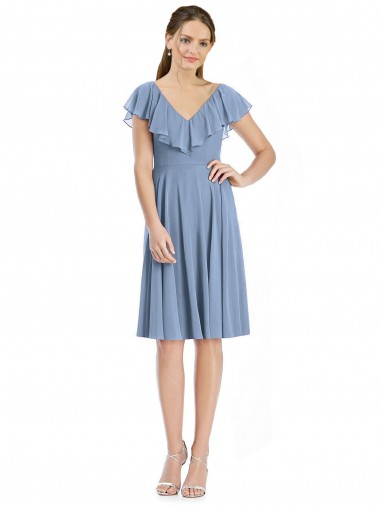 Bleu poussiéreux Trapèze Col V Mousseline Courte Robes demoiselle d'honneur en Gros