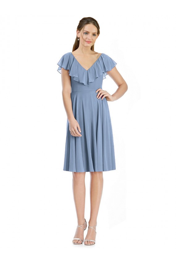 Bleu poussiéreux Trapèze Col V Mousseline Courte Robes demoiselle d'honneur en Gros