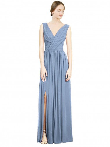 Bleu poussiéreux Trapèze Col V Mousseline Longue Robes demoiselle d'honneur en Gros