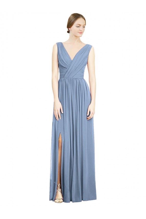 Bleu poussiéreux Trapèze Col V Mousseline Longue Robes demoiselle d'honneur en Gros