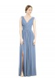 Bleu poussiéreux Trapèze Col V Mousseline Longue Robes demoiselle d'honneur en Gros