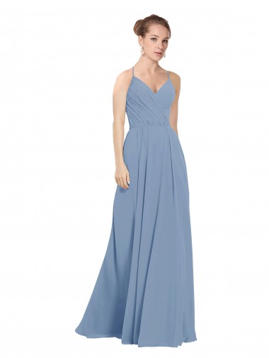 Bleu poussiéreux Trapèze Col V Mousseline Longue Robes demoiselle d'honneur en Gros
