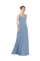 Bleu poussiéreux Trapèze Col V Mousseline Longue Robes demoiselle d'honneur en Gros