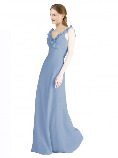 Bleu poussiéreux Trapèze Col V Mousseline Longue Robes demoiselle d'honneur en Gros