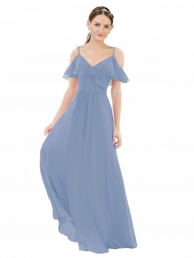 Bleu poussiéreux Trapèze Col V Mousseline Longue Robes demoiselle d'honneur en Gros