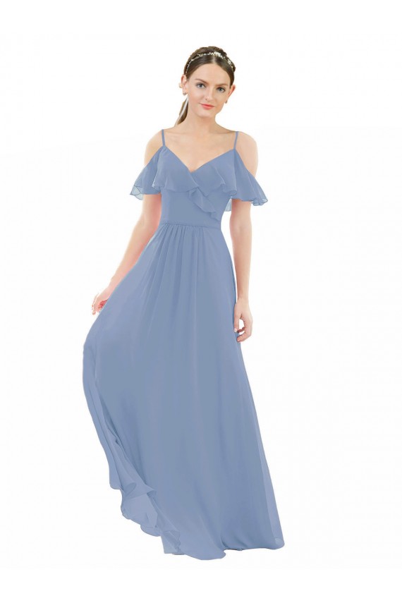 Bleu poussiéreux Trapèze Col V Mousseline Longue Robes demoiselle d'honneur en Gros