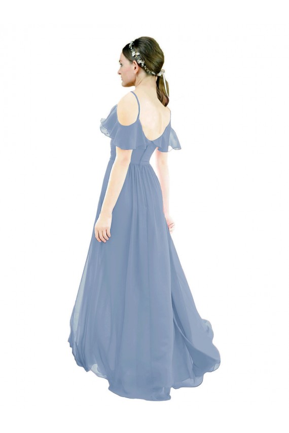 Bleu poussiéreux Trapèze Col V Mousseline Longue Robes demoiselle d'honneur en Gros