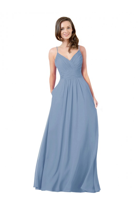 Bleu poussiéreux Trapèze Col V Mousseline Longue Robes demoiselle d'honneur en Gros