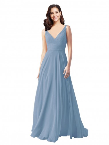 Bleu poussiéreux Trapèze Col V Mousseline Longue Robes demoiselle d'honneur en Gros