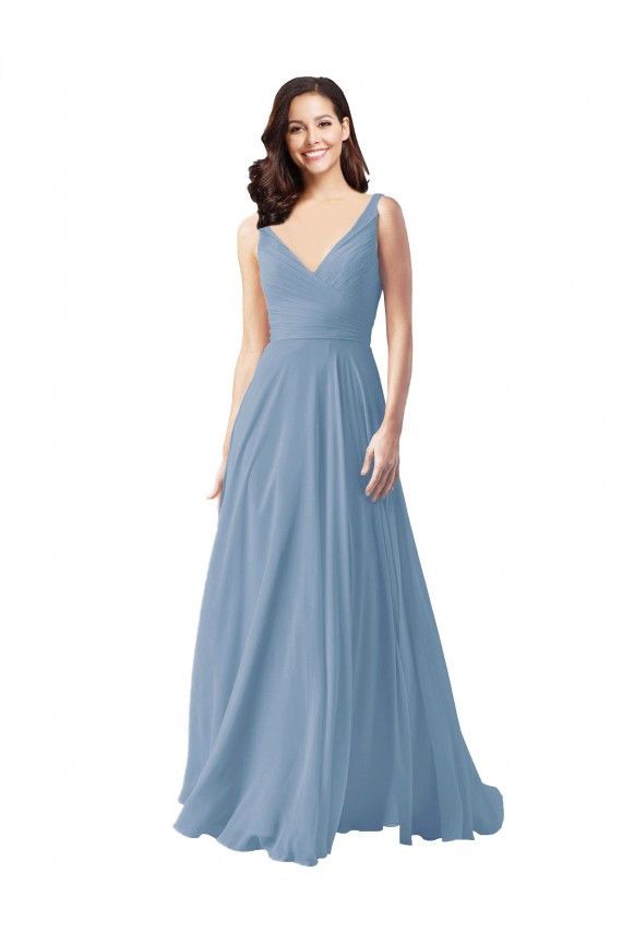 Bleu poussiéreux Trapèze Col V Mousseline Longue Robes demoiselle d'honneur en Gros