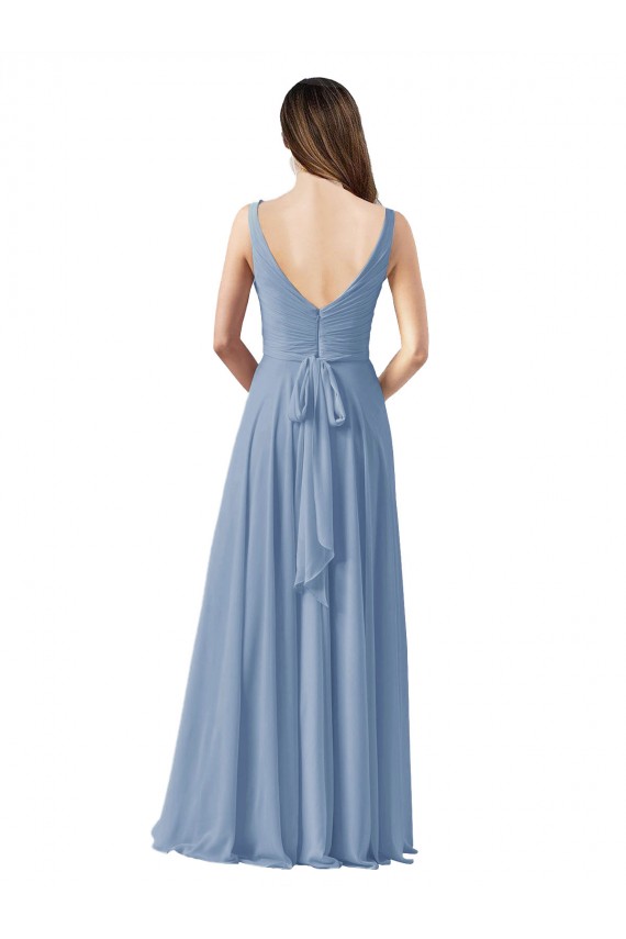 Bleu poussiéreux Trapèze Col V Mousseline Longue Robes demoiselle d'honneur en Gros
