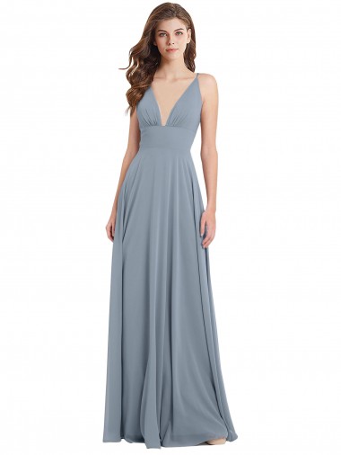 Bleu poussiéreux Trapèze Col V Mousseline Longue Robes demoiselle d'honneur en Gros