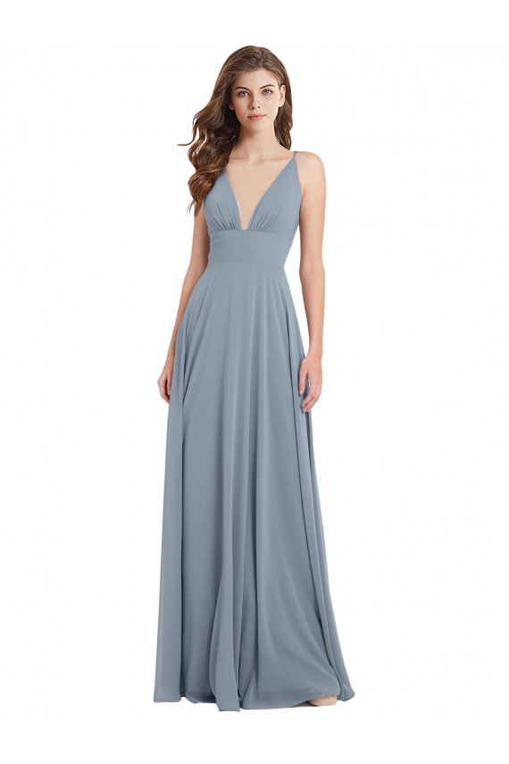 Bleu poussiéreux Trapèze Col V Mousseline Longue Robes demoiselle d'honneur en Gros