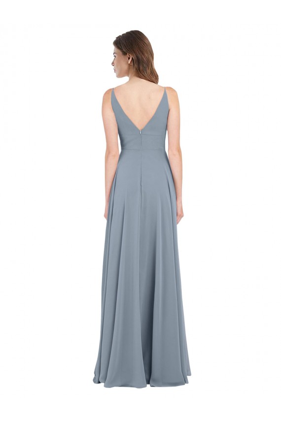 Bleu poussiéreux Trapèze Col V Mousseline Longue Robes demoiselle d'honneur en Gros