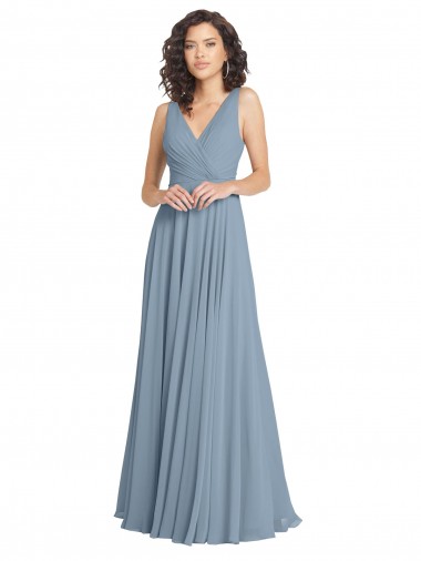 Bleu poussiéreux Trapèze Col V Mousseline Longue Robes demoiselle d'honneur en Gros