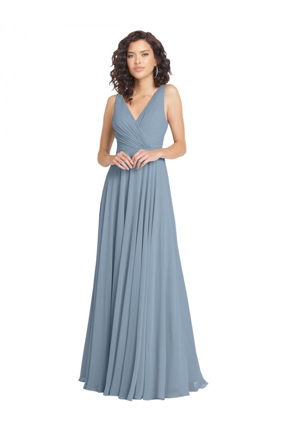 Bleu poussiéreux Trapèze Col V Mousseline Longue Robes demoiselle d'honneur en Gros
