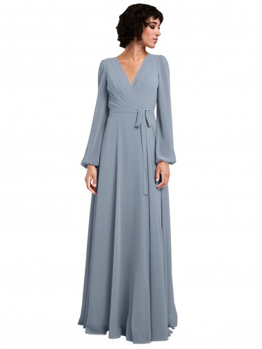 Bleu poussiéreux Trapèze Col V Mousseline Longue Robes demoiselle d'honneur en Gros