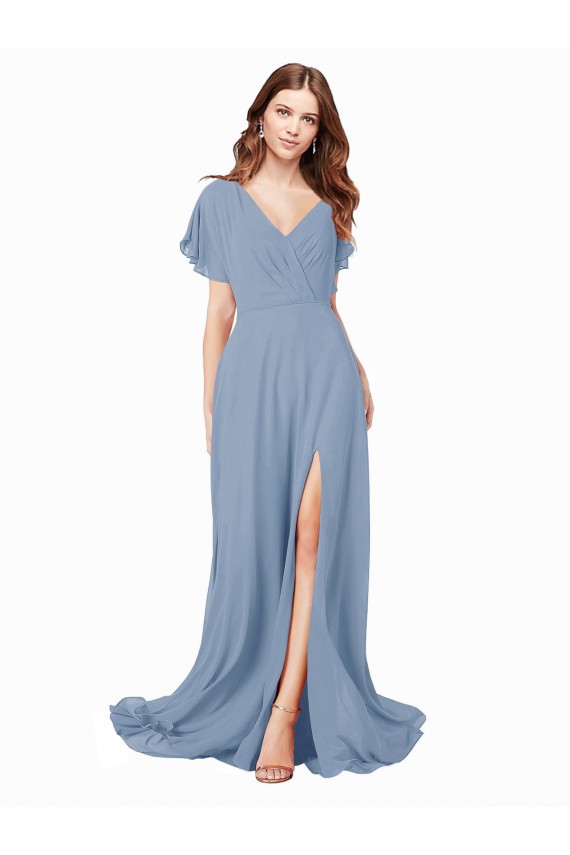 Bleu poussiéreux Trapèze Col V Mousseline Longue Robes demoiselle d'honneur / Robes de bal en Gros