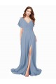Bleu poussiéreux Trapèze Col V Mousseline Longue Robes demoiselle d'honneur / Robes de bal en Gros