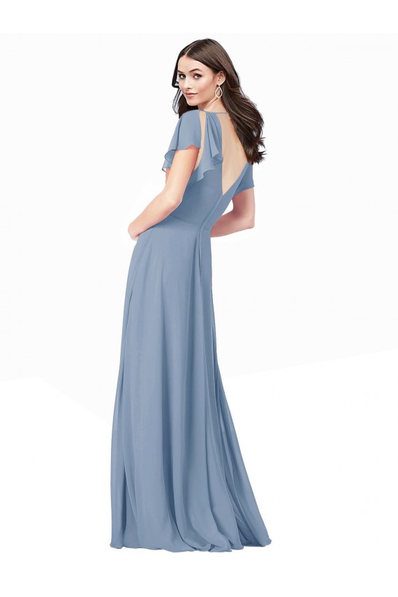 Bleu poussiéreux Trapèze Col V Mousseline Longue Robes demoiselle d'honneur / Robes de bal en Gros