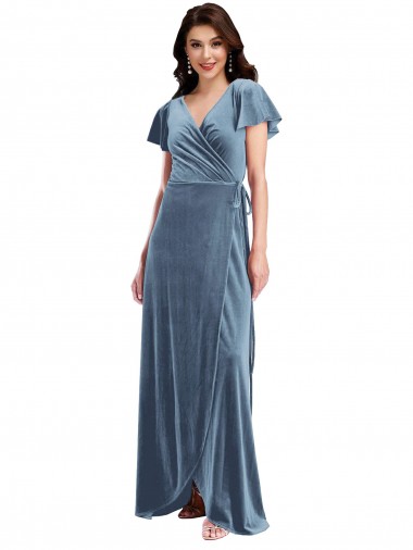 Bleu poussiéreux Trapèze Col V Velours Stretch Longue Robes demoiselle d'honneur / Robes de bal en Gros