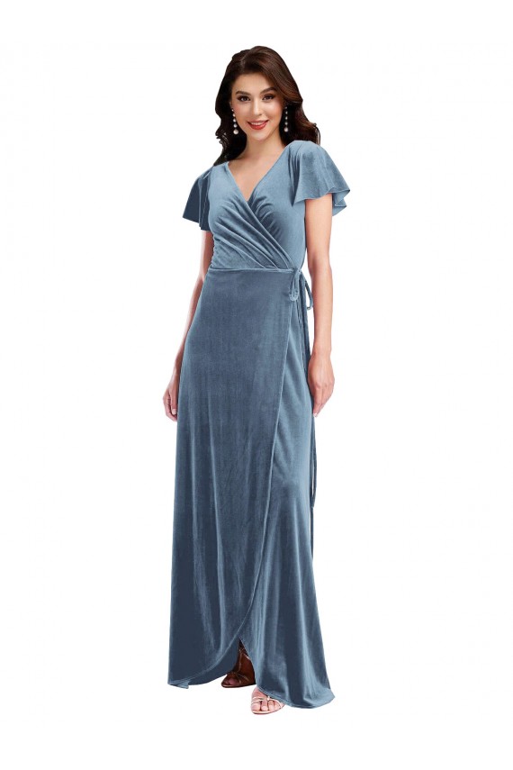 Bleu poussiéreux Trapèze Col V Velours Stretch Longue Robes demoiselle d'honneur / Robes de bal en Gros