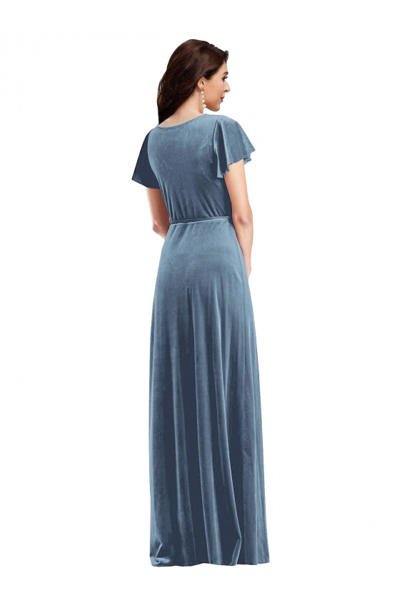 Bleu poussiéreux Trapèze Col V Velours Stretch Longue Robes demoiselle d'honneur / Robes de bal en Gros
