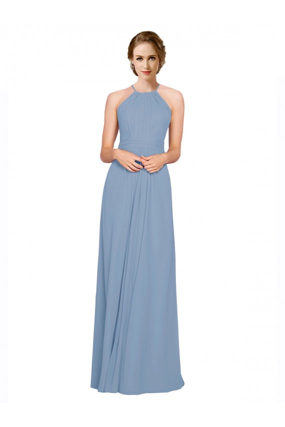 Bleu poussiéreux Trapèze Licou Col Haut Mousseline Longue Robes demoiselle d'honneur en Gros