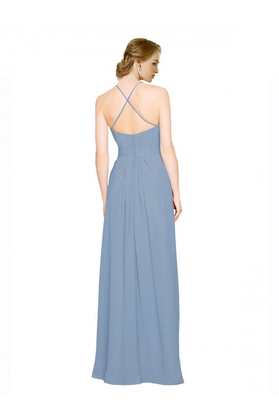 Bleu poussiéreux Trapèze Licou Col Haut Mousseline Longue Robes demoiselle d'honneur en Gros