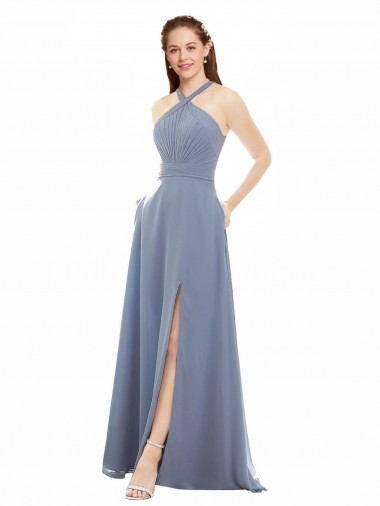 Bleu poussiéreux Trapèze Licou Col Haut Mousseline Longue Robes demoiselle d'honneur en Gros