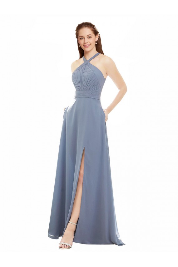 Bleu poussiéreux Trapèze Licou Col Haut Mousseline Longue Robes demoiselle d'honneur en Gros