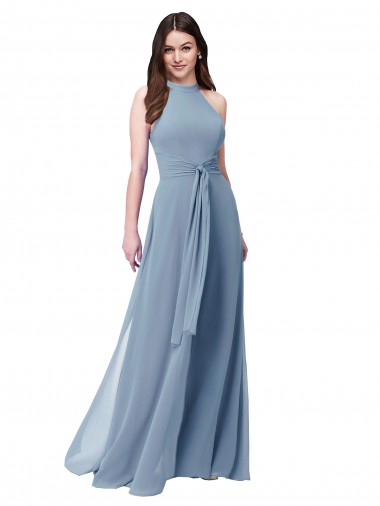 Bleu poussiéreux Trapèze Licou Col Haut Mousseline Longue Robes demoiselle d'honneur en Gros
