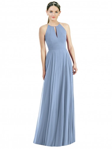 Bleu poussiéreux Trapèze Licou Mousseline Longue Robes demoiselle d'honneur en Gros