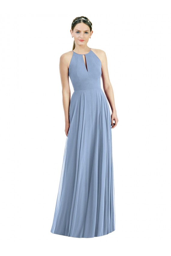 Bleu poussiéreux Trapèze Licou Mousseline Longue Robes demoiselle d'honneur en Gros