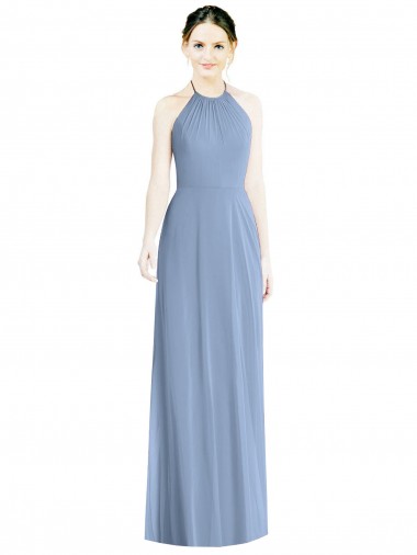 Bleu poussiéreux Trapèze Licou Mousseline Longue Robes demoiselle d'honneur en Gros