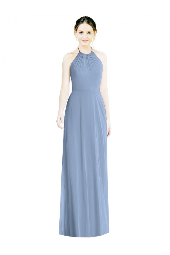 Bleu poussiéreux Trapèze Licou Mousseline Longue Robes demoiselle d'honneur en Gros