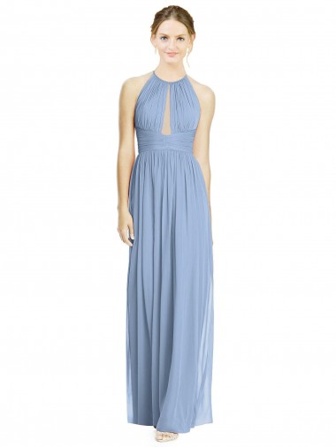 Bleu poussiéreux Trapèze Licou Mousseline Longue Robes demoiselle d'honneur en Gros