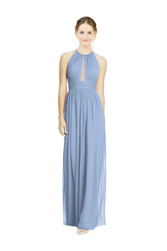 Bleu poussiéreux Trapèze Licou Mousseline Longue Robes demoiselle d'honneur en Gros