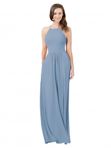Bleu poussiéreux Trapèze Licou Mousseline Longue Robes demoiselle d'honneur en Gros