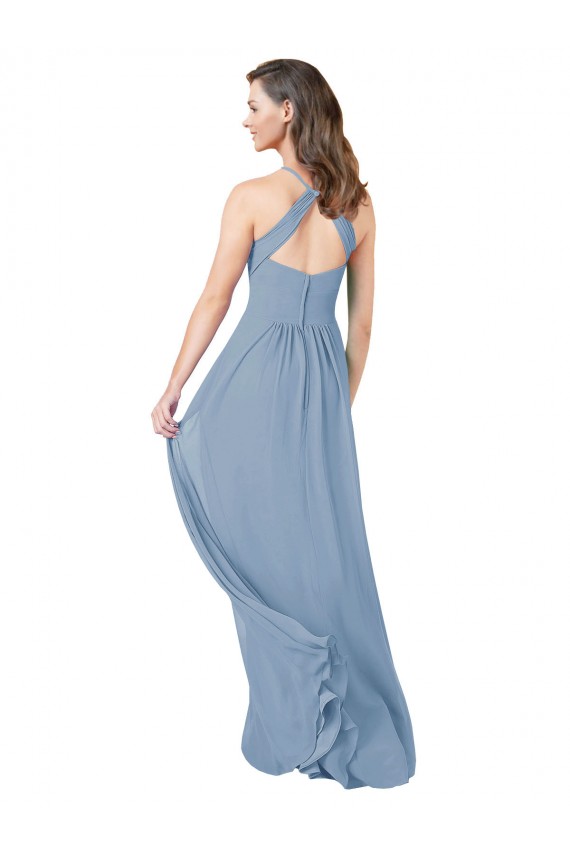 Bleu poussiéreux Trapèze Licou Mousseline Longue Robes demoiselle d'honneur en Gros