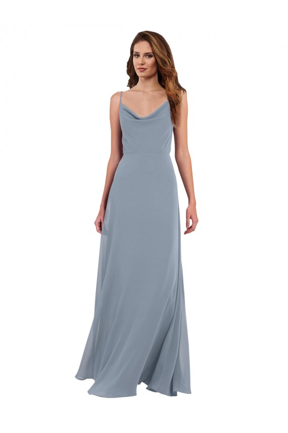 Bleu poussiéreux Trapèze Mousseline Longue Robes demoiselle d'honneur en Gros