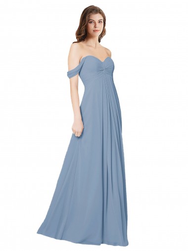 Bleu poussiéreux Trapèze Mousseline Longue Robes demoiselle d'honneur en Gros