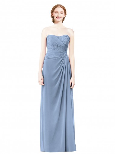 Bleu poussiéreux Trapèze Sans bretelle Mousseline Longue Robes demoiselle d'honneur en Gros