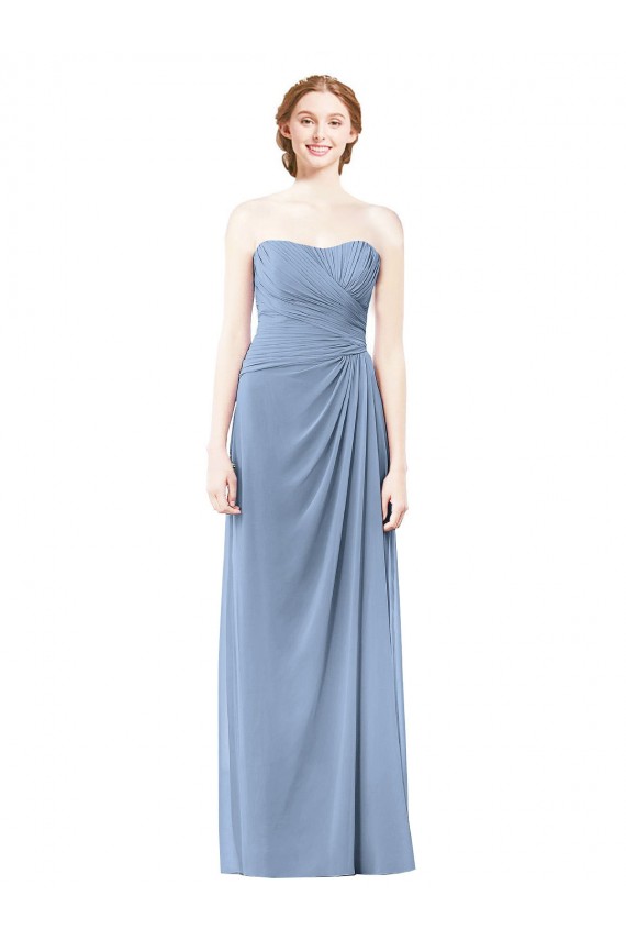 Bleu poussiéreux Trapèze Sans bretelle Mousseline Longue Robes demoiselle d'honneur en Gros