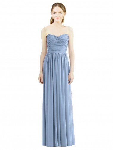 Bleu poussiéreux Trapèze Sans bretelle Mousseline Longue Robes demoiselle d'honneur en Gros