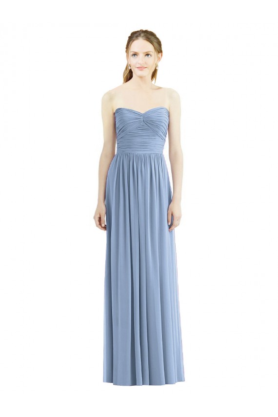 Bleu poussiéreux Trapèze Sans bretelle Mousseline Longue Robes demoiselle d'honneur en Gros