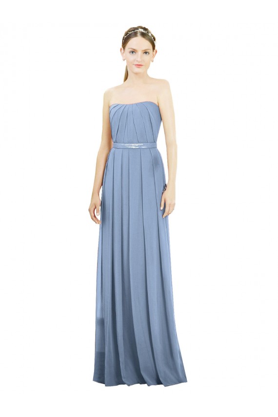 Bleu poussiéreux Trapèze Sans bretelle Mousseline Longue Robes demoiselle d'honneur en Gros