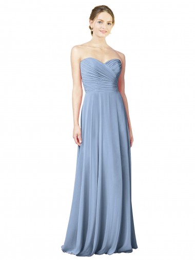Bleu poussiéreux Trapèze Sans bretelle Mousseline Longue Robes demoiselle d'honneur en Gros