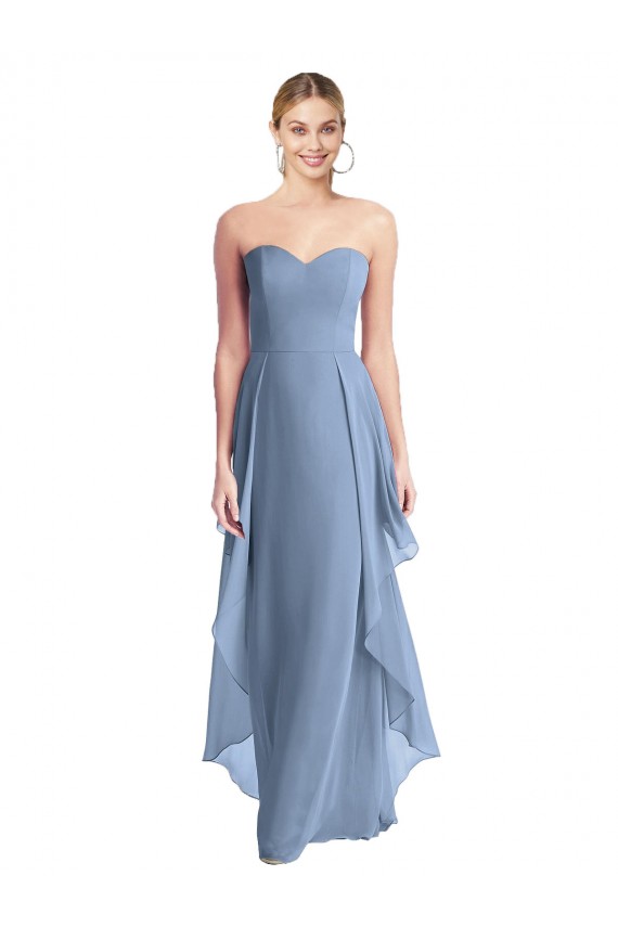 Bleu poussiéreux Trapèze Sans bretelle Mousseline Longue Robes demoiselle d'honneur en Gros