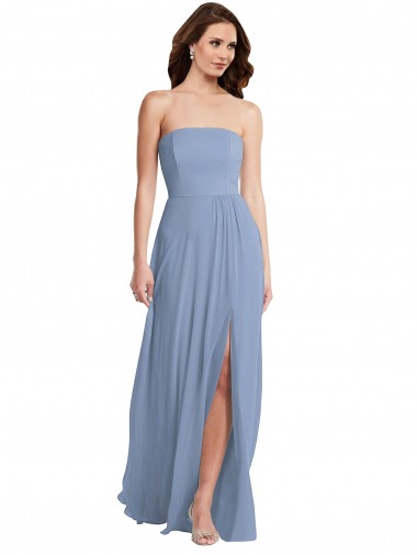 Bleu poussiéreux Trapèze Sans bretelle Mousseline Longue Robes demoiselle d'honneur en Gros